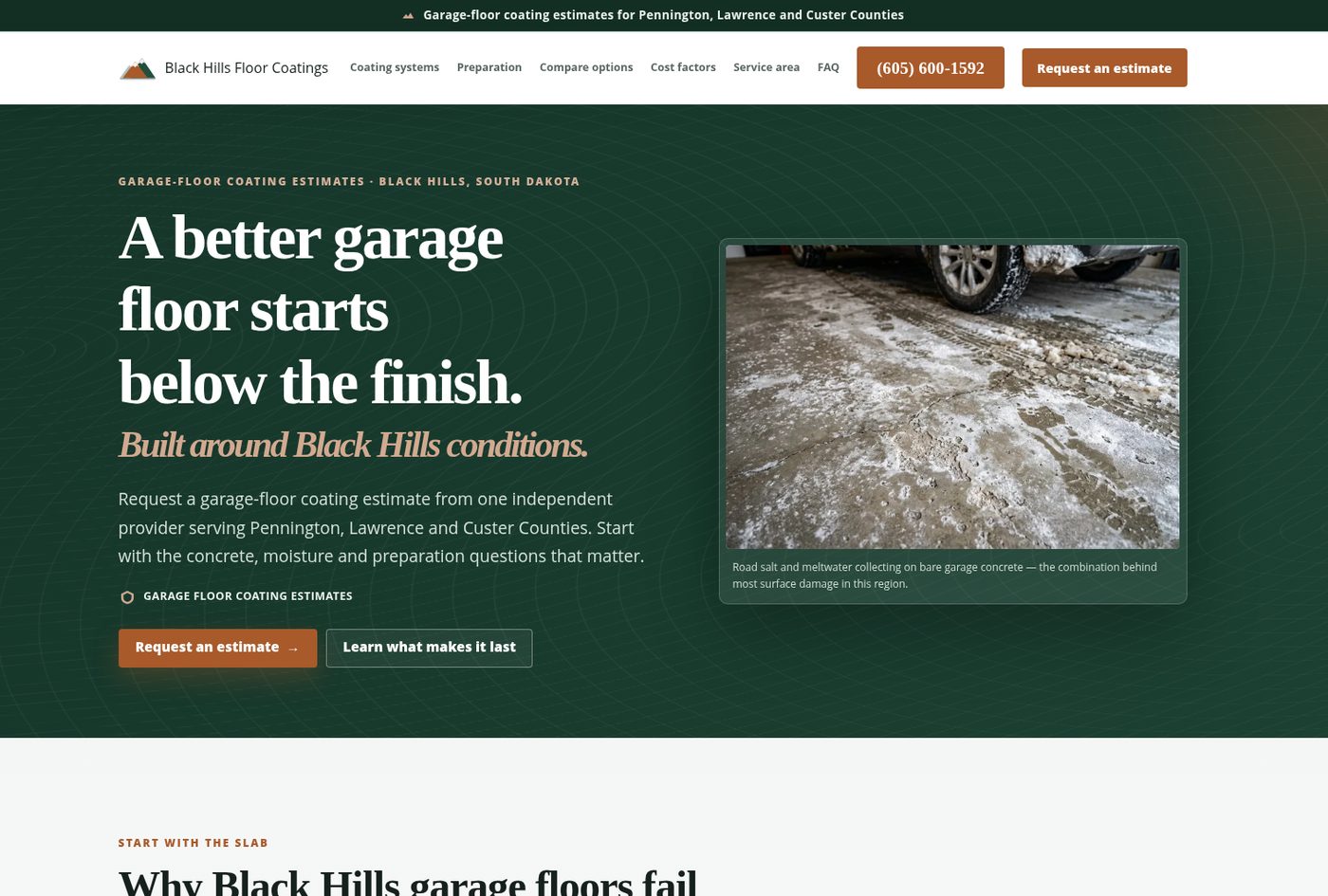 The Black Hills Floor Coatings site: a garage-floor coating estimate page built around South Dakota concrete and winter conditions.